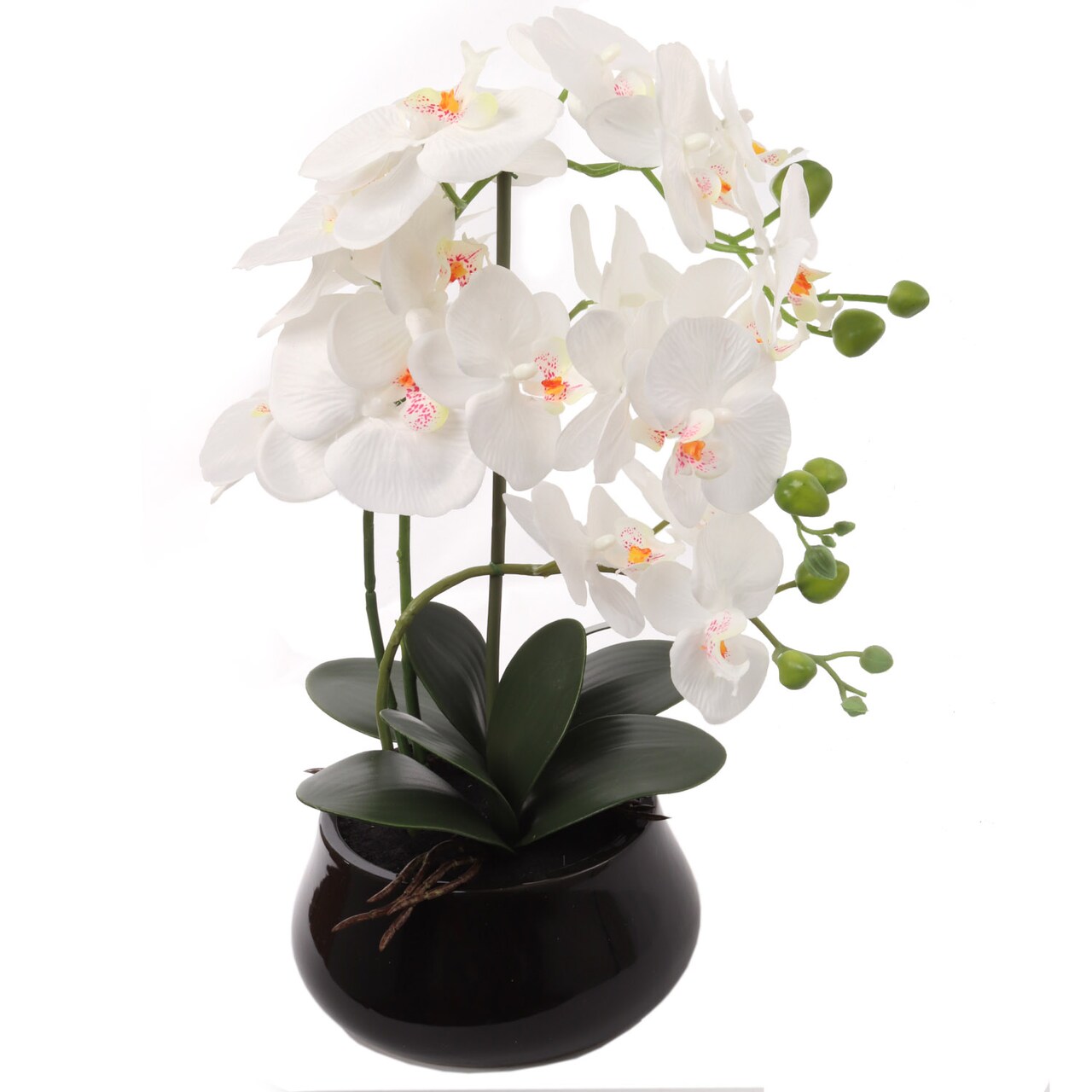 Artificial White Phalaenopsis Orchid Arrangement | 18-Inch | Elegant Black Ceramic Round Vase with Lifelike Silk Blooms & Latex Green Foliage | Table Centerpieces | Home & Office Decor